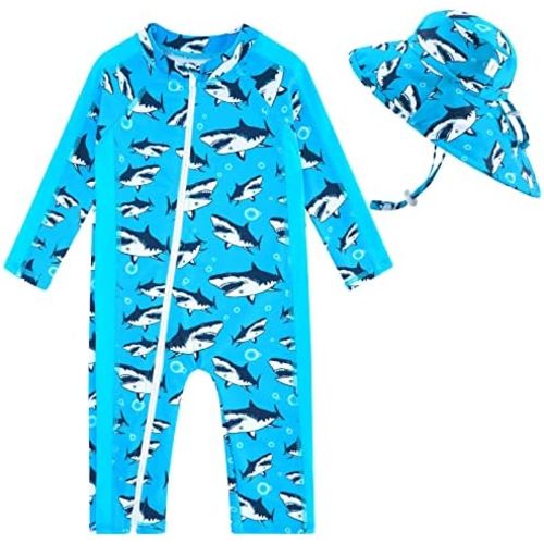 UNIFACO Baby Boy Swimsuit UPF 50+ Sun Protection One Piece Zip Bathing Suit with Sun Hat Infant Sunsuit Swimwear