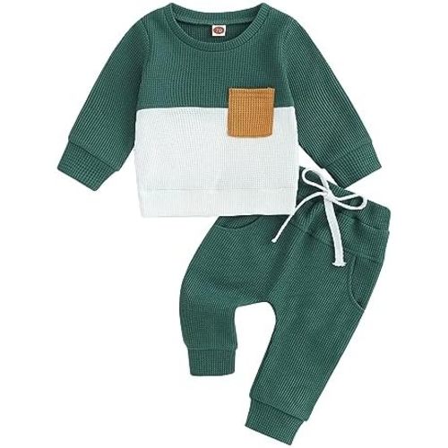 Toddler Baby Boy Fall Clothes Waffle Contrast Color Sweatshirt Pants Sets Infant Winter Outfits 6 12 18 24 Months