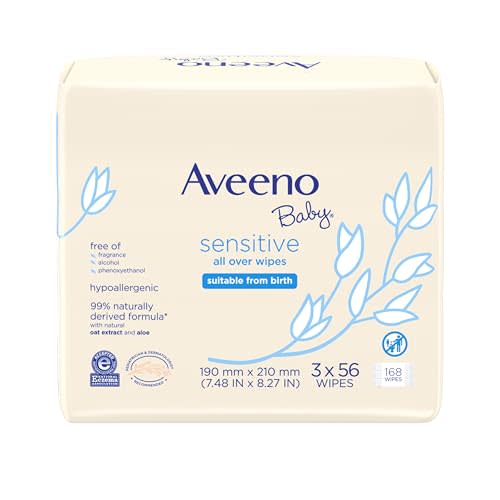Aveeno Baby Sensitive All Over Wipes with Aloe & Natural Oat Extract for Face, Bottom & Hands, pH-Balanced, Hypoallergenic, Fragrance-, Phthalate-, Alcohol- & Paraben-Free, 3 Pks of 56 ct