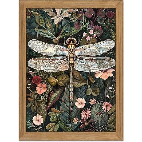 Framed Vintage 3D Textured Wall Art - Dark Green Dragonfly Flowers Wall Decor - Hand Drawn Sandstone Nature Botanical Pictures for Living Room Bedroom Home Decor 12x16in