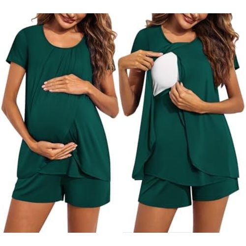 Ekouaer Women's Maternity Nursing Pajamas Set Breastfeeding Sleepwear Double Layer Short Sleeve Top & Shorts Nursing Pjs