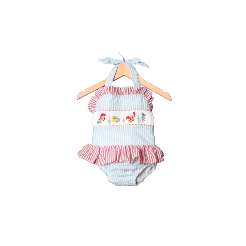 Hand Smocked Mermaid Seersucker Swimsuit