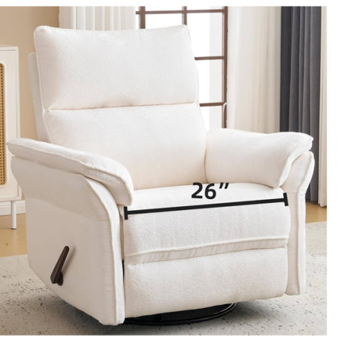 Oversized Recliner Chair, 26" Extra Wide 360° Swivel Rocker Recliner with Adjustable Headrest, Chenille Glider Rocking Nursery Chair with Overstuffed Armrest, Lumbar Support, White