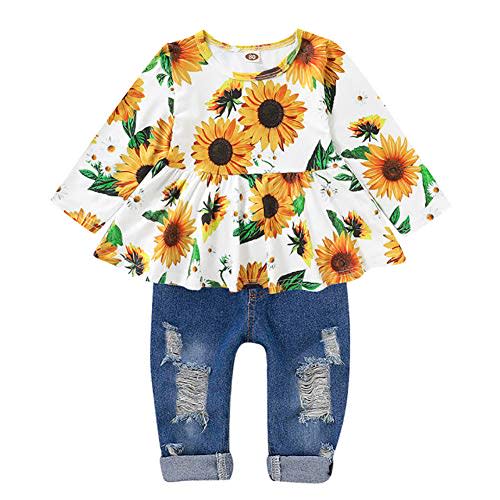 CARETOO Girls Clothes Outfits Cute Baby Girl Floral Long Sleeve Pant Set Flower Ruffle Top