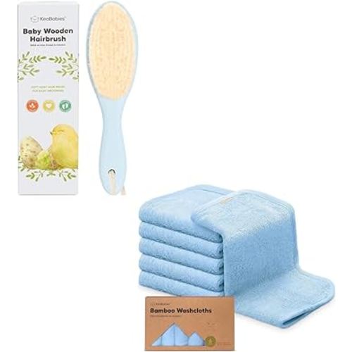 KeaBabies Baby Hair Brush and 6-Pack Bamboo Viscose Baby Washcloths for Newborn - Baby Brush with Soft Goat Bristles, Organic Baby Wash Cloth, Cradle Cap Brush