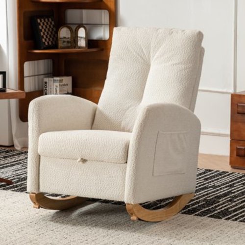 Smilegend Upholstered Rocking Chair with Footrest, High Back Ergonomic Rocker with Rubber Wood Legs, Comfortable Lounge Armchair for Living Room, Bedroom, Beige