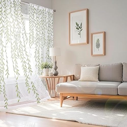 BROSHAN White and Green Sheer Curtains 84 inches Long, Vine Leaf Patterned Curtains Window Curtain Sheers Printed Bedroom Curtains 2 Panel Sets Sheer Drapes for Living Room