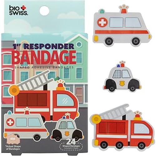 BioSwiss Kids Bandages, First Responders Shaped Self Adhesive Bandage Set, Latex Free, Sterile Wound Care, 24 Count