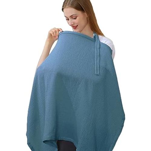 100% Muslin Cotton Breastfeeding Cover, Multi-use Nursing Covers with Arch Neckline & Back Adjustable Elastic Strap, Cotton Breathable Nursing Apron (Blue)