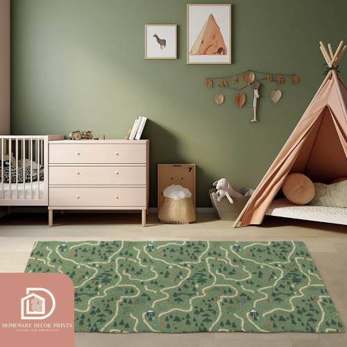 Mountain Road Map Area Rug, Large Floor Mat for Kids, Green Woodland Rectangle Carpet, Nature Small Activity Playmat, Forest Nursery Theme