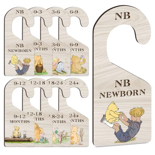 Hatzelou 8Pcs Winnie Baby Clothes Dividers for Closet, Baby Clothes Size Hanger Organizer from Newborn to Toddler, Winnie Wooden Baby Clothes Organizer, Double-Sided Baby Closet Dividers