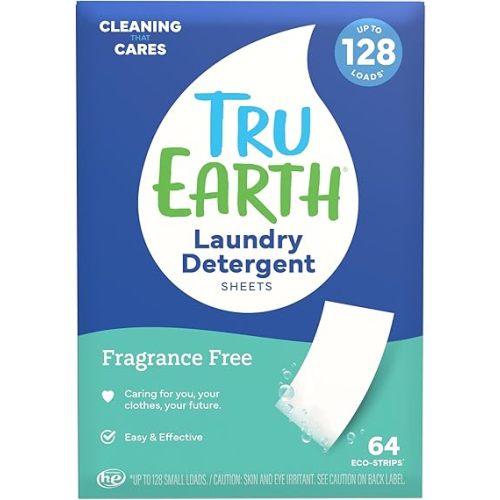 Tru Earth Compact Dry Laundry Detergent - Up to 128 Loads (64 Sheets) - Paraben-Free - Original Eco-Strip Liquidless Detergent, Travel | Packaging May Vary