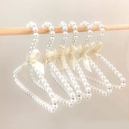 6Pack Baby Clothes Hangers, Mini Cute Pearl Hangers, Pearl Baby Hangers Faux Pearl Beaded Elegant Garment Clothes Hangers with Ribbon Bowknot for Pet Dog Cat Small Baby Kids Bebes Dolls