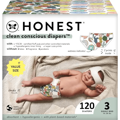 The Honest Company Clean Conscious Diapers | Plant-Based, Sustainable | Cactus Cuties + Donuts | Super Club Box, Size 3 (16-28 lbs), 120 Count