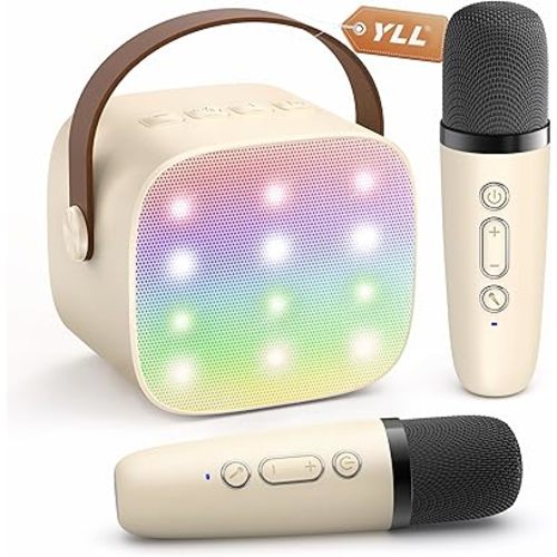 Mini Karaoke Machine with 2 Wireless Microphones for Kids Adults, Portable Bluetooth Speaker Gift for Girls Boys Toys 3, 4, 5, 6, 7, 8, 10, 12+ Years Old Teens Birthday Home Family Party (Cream)