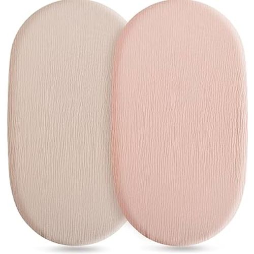 Muslin Bassinet Sheets for Baby Neutral, Soft Breathable Cotton Fitted Sheets for Oval, Rectangle, Hourglass Bassinet Mattress/Pad - 2 Pack (Ivory& Pink)