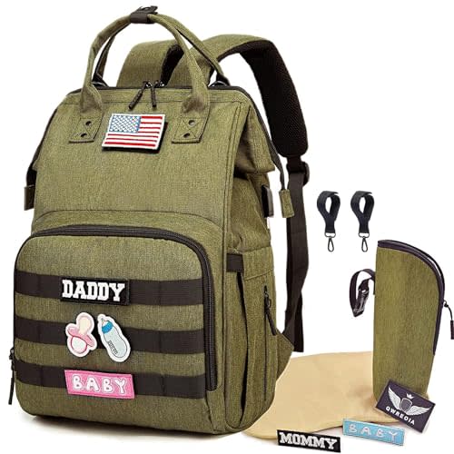 QWREOIA Diaper Bag Backpack for Dad and Mom with USB Charging Port Stroller Straps and Insulated Pocket,army military Travel Nappy Backpack for daddy mommy (Green)