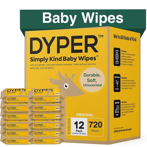 DYPER Baby Wipes Unscented (720 Count) - 99% Water-Based & Hypoallergenic Baby Wipes, Made with Plant-Based Materials, Gentle for Sensitive Skin, Fragrance & Plastic-Free Wet Wipes, 12 Pack