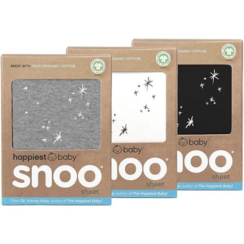 Happiest Baby SNOO Bassinet Fitted Sheet - 100% Organic Cotton Nursery Bedding - Fits SNOO Sleeper Crib Mattress - 3-Pack Bundle (White, Grey, Black)