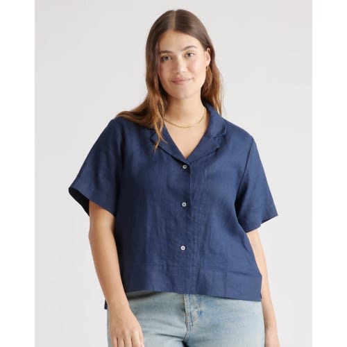 Women's 100% European Linen Short Sleeve Shirt in Deep Navy