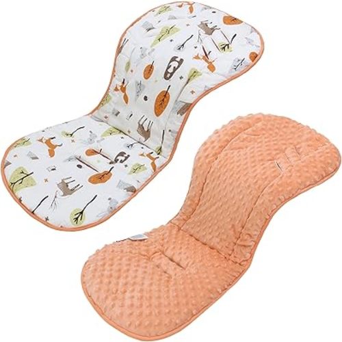 Baby Stroller Cushion,Soft Minky Dotted and Printed Stroller Seat Liner-Reversible Universal Breathable and Soft Newborn Stroller Pad, Cotton Infant Car Seat Insert-82x37cm,1 Pack(Orange Fox+Rabbit)
