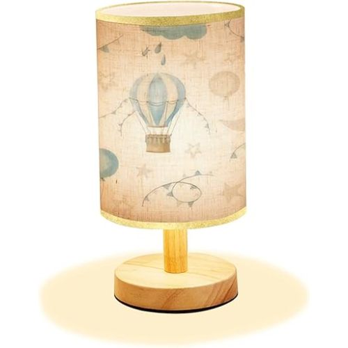 Minimalist Bedside Table Lamp hot Air Balloons Clouds Moon Sky Watercolor Seamless for Kids Cute Wood Nightstand Lamp Bedside Desk Lamp Wood Base Flaxen Fabric Shade for Bedroom Living Room