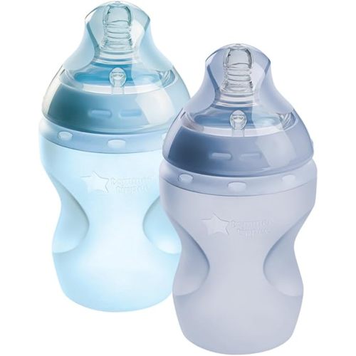 Tommee Tippee Natural Start Anti Colic BPA Free Silicone Baby Bottles, 9oz, Newborn 0+ Months, Silicone Feels Like Mother's Skin, Slow Flow Breast-Like Teat, Blue, Pack of 2