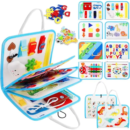 Esjay Toddler Busy Board, Montessori Toys Busy Book, Learning Educational Activities Buckle Toy for Fine Motor Skills, Gifts for Boys Girls, Travel Toys for Airplane Car(White)