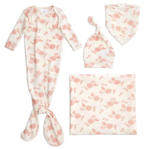aden + anais Snuggle Knit Newborn Gift Set with Knotted Baby Gown, Swaddle Blanket, Infant Hat, and Bandana Bib, 0-3 Months, Rosettes