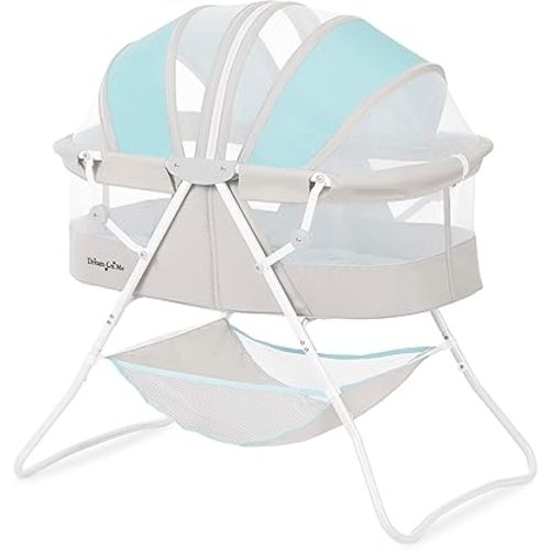 Dream On Me Karley Bassinet in Blue & Grey, Lightweight Portable Baby Bassinet, Quick Fold and Easy to Carry , Adjustable Double Canopy, Indoor and Outdoor Bassinet with Large Storage Basket.