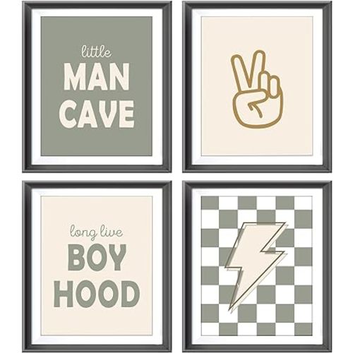 Little Man Cave Retro Preppy Checkered Lightning Peace Sign Long Live Boyhood Poster Prints for Boy Teen Room Dorm Decor,Preppy Decorations Prints Wall Art Unframed 4pcs 8x10inches,Teen Boys Gifts