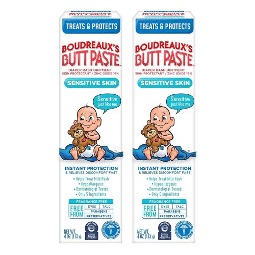 Boudreaux's Butt Paste for Sensitive Skin Diaper Rash Cream, Ointment for Baby, 4 oz Tube, 2 Pack
