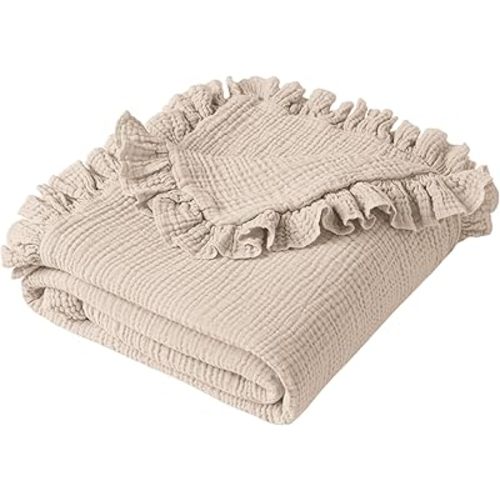 Konssy Flounce Muslin Baby Blankets, Cotton Crib Blanket for Baby Infant Toddler, Super Soft and Lightweight Nursery Blankets 40"x36" (Cream)