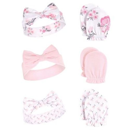Hudson Baby Infant Girl Cotton Headband And Scratch Mitten 6pc Set, Pink Floral, 0-6 Months