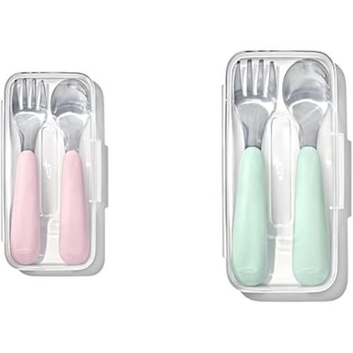 OXO Tot On-The-Go Fork and Spoon Set with Blossom and Opal Travel Cases, Stainless Steel Utensils for Kids