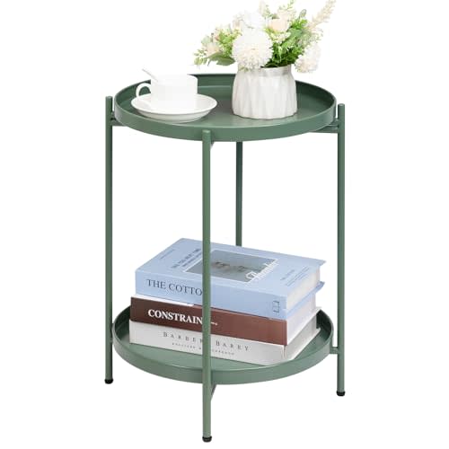 HollyHOME 2-Tier Round Side Table, Outdoor Small Folding Accent Stand with Removable Tray, Anti-Rust Metal Asional Table for Balcony Patio Living Room, Nightstand for Bedroom(Matcha Green)