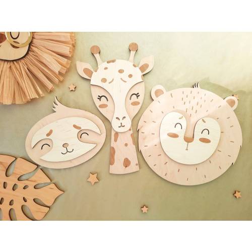 Safari nursery decor, Jungle set of 3 plywood animals Lion Giraffe Sloth, Nursery animal head, Tapestry wall hanging, Boho safari birthday