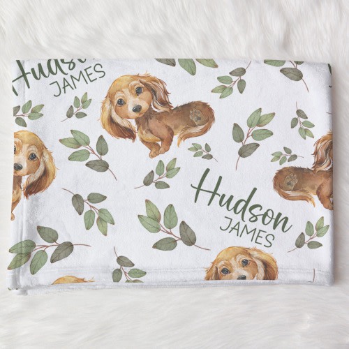 Custom Dachshund Longhaired Baby Name Blanket Personalized Puppy Swaddle Hospital Blanket New Mom Gift Newborn Gift Baby Shower Gift Blanket