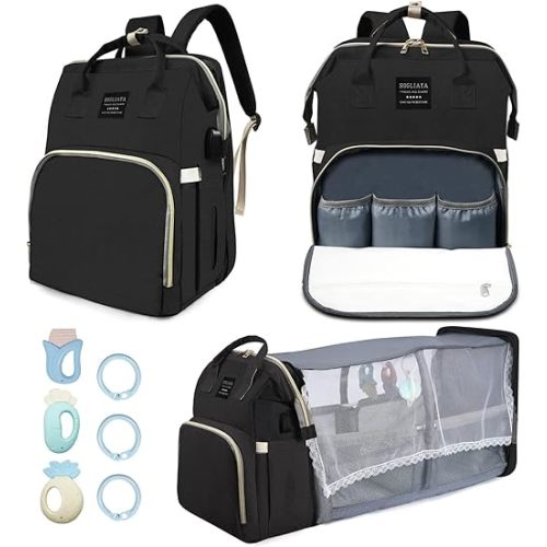 Diaper Bag with Changing Station, Baby Diaper Bag with USB Charging Port, Multi-functional Waterproof Travel Essentials Diaper Bag Backpack for Boys & Girls, Black