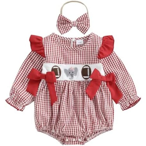 Baby Girl Football Outfit Smocked Bubble Romper Ruffle Long Sleeve Onesie Plaid Jumpsuit Fall Winter Clothes