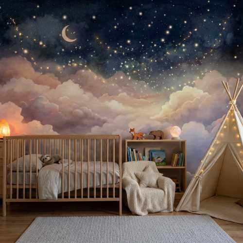 Starry Night Sky Wall Mural – Clouds, Moon, Stars Nursery Wallpaper