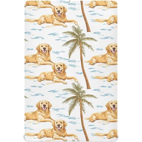 Crib Sheets for Boys girlGolden Retriever Dog on Vacation mini Crib Nursery Sheets,Breathable Baby Cribs Sheet,Soft Toddler Mattress Fitted,Neutral Baby Sheet for Crib 52 * 28 * 9In