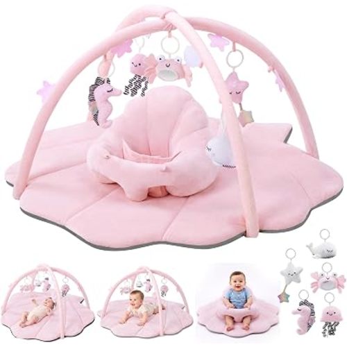 Baby Play Mat & Seat, Tummy Time Mat with 6 Detachable Activity Toys, Baby Gym Playmat & Chair for Babies 0-6-12 Months, Baby Essentials Mat for Floor Newborn Baby Gift(Light Pink)