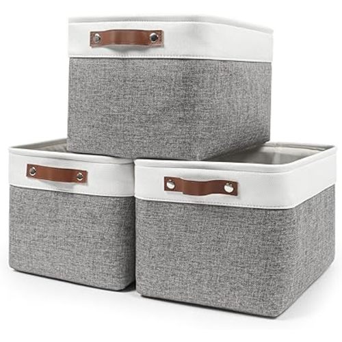 Storage Bins Large Fabric Storage Baskets for Shelves 3 Pack, Decorative Linen Closet Baskets with Handles for Organizing, Shelf, Clothes, Home, Office, 15x11x9.5Inches (Grey&White)