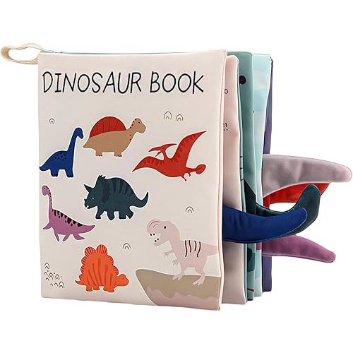 Dinosaur Baby Books Toys, Touch Feel Cloth Crinkle Soft Books for Babies Infants, 0-6-12-18 Months, with Toy, Mirror, Tail and Crinkle, Early Development Stroller, Shower Newborn Gifts for Boy Girl