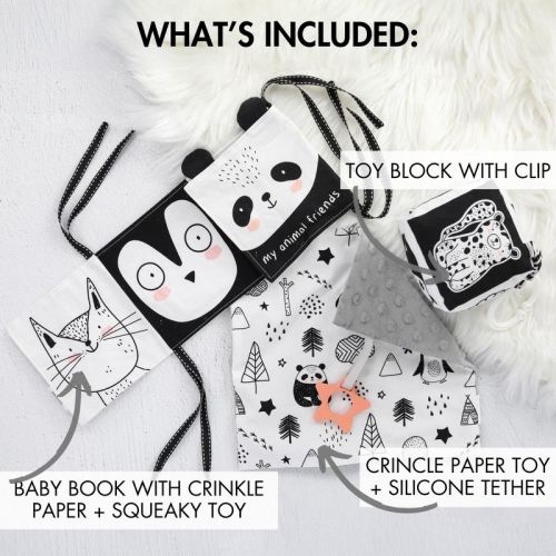 Tummy Time Toys Set: High Contrast Book, Toy Block, Crinkle Paper & Teether - Sensory Development Toys for Newborns & Infants 0-6 Months
