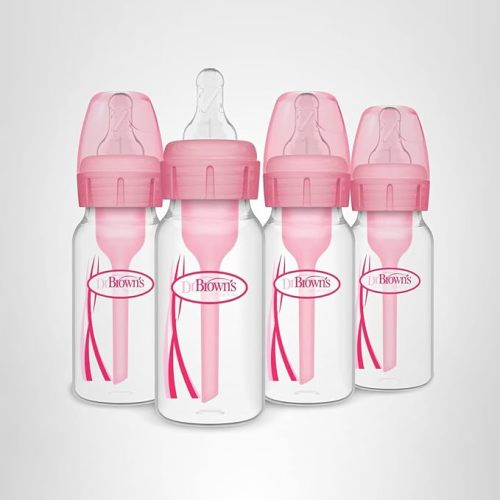 Dr. Brown's Natural Flow Anti-Colic Options+ Narrow Baby Bottle, 4 oz/120 mL, with Level 1 Slow Flow Nipple, Pink, 0m+, 4 Pack