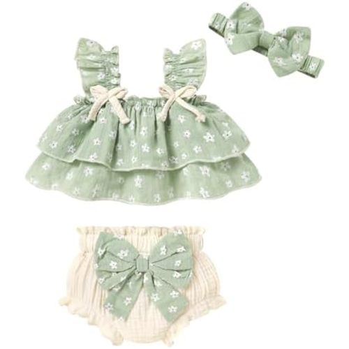 YOUNGER TREE Baby Girl Clothes Infant Ruffle Tops Dress Shorts Set Bloomers Toddler Sleeveless Summer Outfits with Headband