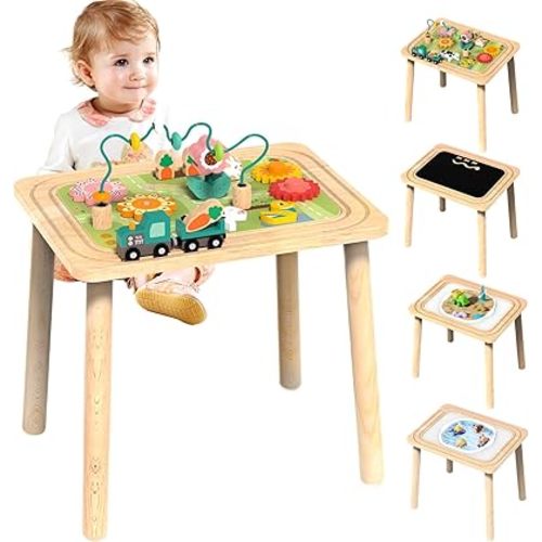3-in-1 Baby Activity Table for 6-36 Months Old Kids Wooden Activity Center Sensory Play Table for Toddlers with Bead Maze Shape Sorter Montessori Toys Sand Table Must Have Birthday Gift for Girls Boys