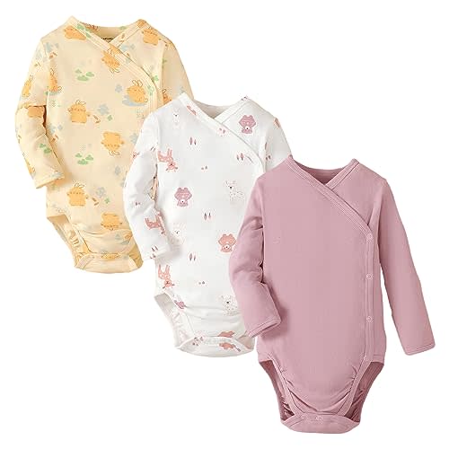 DEFAHN Baby Side Snap Bodysuit Kimono Onsies Newborn Boy Girl 3-Pack 100% Cotton Basic Pattern Kimono Bodysuits